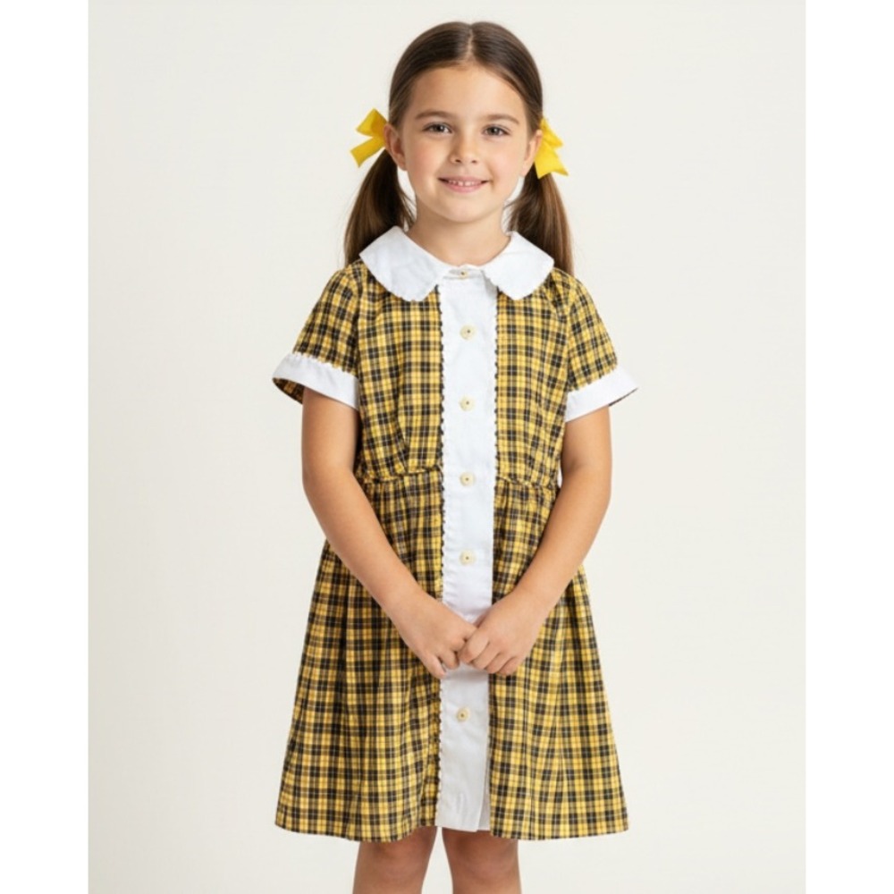 Vintage Peter Thousand Girl's Dress YELLOW PLAID White Peter Pan Collar Sz 7